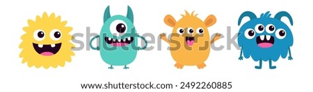 Happy Halloween. Colorful monster silhouette set line. Cute monsters. Cartoon kawaii funny baby character. Different face. Teeth, eyes horns hands. Flat design. Childish style. White background Vector