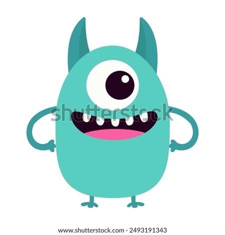 Happy Halloween. Cute green monster standing. Monsters silhouette icon. One eye, smiling face, horns, hands. Cartoon kawaii funny baby character. Childish style. Flat design. White background. Vector