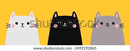 Cat set. White Black Gray kitten kitty face head icon. Line banner. Funny kawaii doodle animal. Cute cartoon funny baby character. Pet collection. Flat design. Yellow background. Isolated. Vector