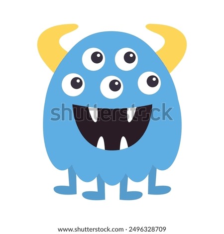 Cute blue yellow monster standing. Happy Halloween. Monsters silhouette icon. Five eyes, smiling face. Cartoon kawaii funny baby character. Childish style Flat design. Isolated White background Vector