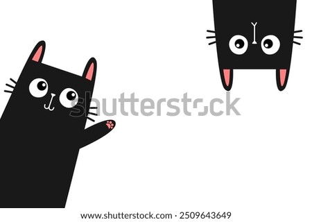 Black cat set. Waving hand. Pink paw print. Upside down face head. Cute cartoon kawaii funny sad character. Pet baby animal. Childish style. Flat design. White background Isolated. Vector illustration