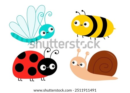 Dragonfly, Ladybug, Bee bumblebee, snail cochlea, lady bug ladybird flying insect icon set. Cute cartoon kawaii funny baby character. Happy Valentines Day. Flat design. White background. Vector