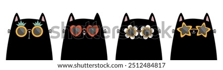 Black cat set wearing sunglass eyeglasses. Kitten in eyeglass. Heart, star, daisy flower, pineapple shape sunglasses lenses. Cute cartoon kawaii funny character. White background. Flat design Vector