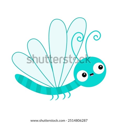 Dragonfly icon. Cute cartoon kawaii funny baby character. Blue wings dragon fly Insect animal. Smiling face, horns. Childish style. Sticker print. White background. Isolated. Flat design. Vector