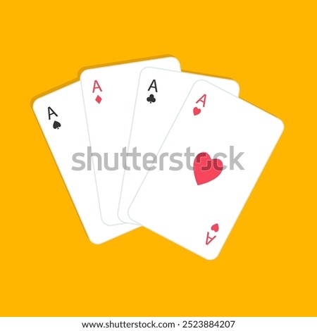 Four aces playing card icon set. Card fan stack. Poker cards suits. Hearts, clubs, diamonds, spades ace. Winning poker hand. Las Vegas Casino gambling concept. Flat design. Yellow background. Vector