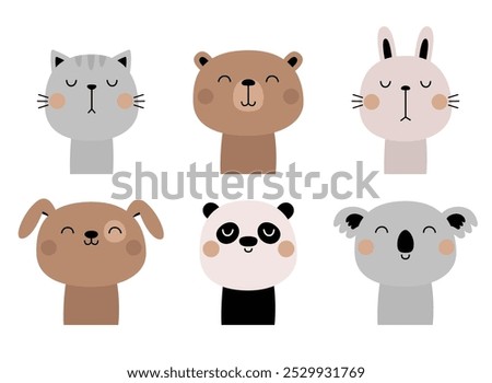 Cat, dog, grizzly bear, bunny rabbit, panda, koala set. Funny face head. Cute kawaii cartoon character. Valentines Day. Childish style. Sticker print. Greeting card White background Flat design Vector