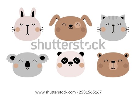 Bunny rabbit, cat kitten, dog, bear, panda, koala set. Funny face head. Cute kawaii cartoon character. Valentines Day. Sticker print. Greeting card. Childish style. Flat design White background Vector