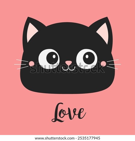 Black cat face head silhouette. Happy Valentines Day. Love Greeting card. Smiling kitty kitten. Cute cartoon character. Flat design. Childish style. Pink background. Isolated. Vector illustration