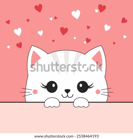 White peeking cat face head. Funny kitten. Paws hand holding paper. Red white hearts. Valentines Day. Cute cartoon kitty character. Kawaii animal. Greeting card. Flat design. Pink background Vector