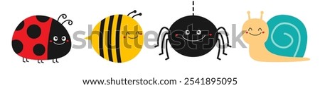 Bee bumblebee, snail cochlea, spider web, lady bug ladybird flying insect icon set line. Ladybug. Cute cartoon kawaii funny baby character. Happy Valentines Day. Flat design. White background. Vector