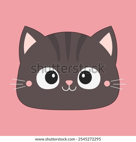 Gray cat face head silhouette. Smiling kitty kitten. Cute cartoon character. Flat design. Childish style. Happy Valentines Day. Love Greeting card. Pink background. Isolated. Vector illustration