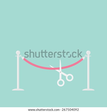 Scissors cutting pink rope silver barrier stanchions turnstile Flat design