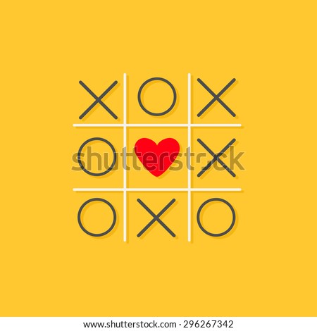 Tic tac toe game with cross and red heart sign mark in the center Love card Flat design Yellow background Vector illustration Photo stock © 
