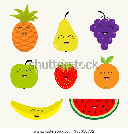 Fruit and berry set.  Character face. Banana cherry strawberry orange pineapple grape lemon cherry mellon, watermelon blueberry pear raspberry apple slice  Isolated Flat design Vector illustration