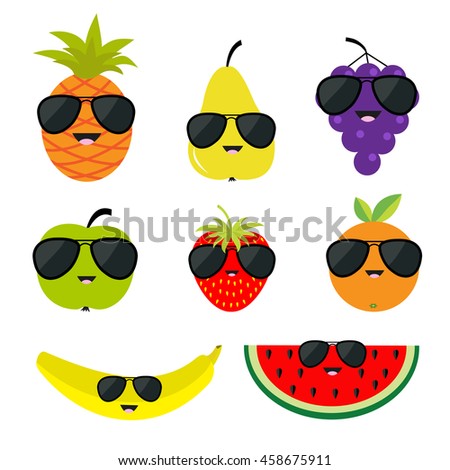 Fruit and berry set sunglasses eyeglasses. Cartoon character face. Banana, strawberry, orange, pineapple, grape, mellon, watermelon, pear apple, slice Isolated Flat design Vector