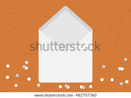 White Opened Blank Envelope empty letter. Realistic mockup template. Confetti on wood table wooden texture desk background. Flat design. Vector illustration