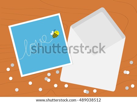 White Opened Blank Envelope letter and greeting card with flying bee insect, dash line word Love. Confetti on wood table wooden texture desk background. Flat design. Vector illustration