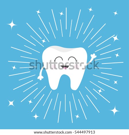 Healthy tooth icon. Smiling face. Round line circle. Oral dental hygiene. Children teeth care. Shining effect stars. Blue background. Flat design. Vector