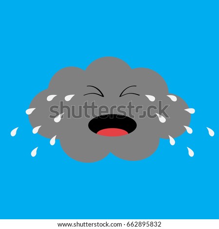 Cute cartoon kawaii cloud with rain drops. Crying sad face emotion. Eyes and mouth. Isolated. Blue sky background. Baby character collection. Funny illustration. Flat design. Vector illustration