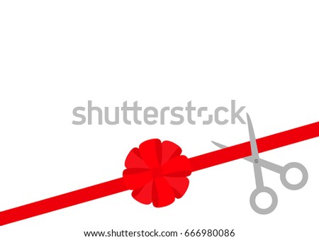 Scissors cut straight red ribbon on the right. Big round bow. Business beginnings event. Launch startup concept. Grand opening celebration sign symbol. Flat design. White background. Isolated. Vector