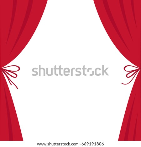 Open luxury red silk stage theatre curtain. Velvet scarlet curtains with bow. Flat design. Movie cinema premiere. Template. White background. Isolated. Vector illustration