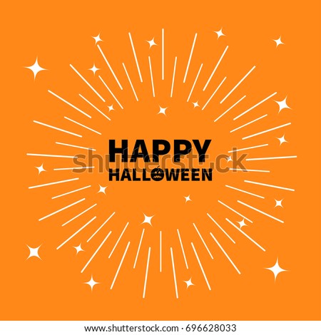 Happy halloween black text Pumpkin smiling face silhouette. Sunburst round line circle. Shining effect stars. Abstract shape. Decoration element. Orange background. Isolated. Flat design. Vector Foto stock © 