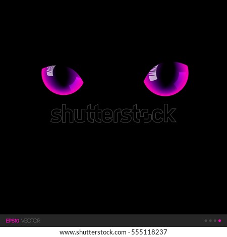 Black cat fantastic pink eyes in darkness. Vector illustration. 