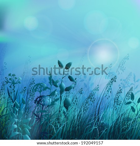 Spring or summer season abstract nature vector background with night, grass and blue sky in the back.