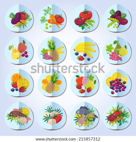 Set of  icons of diet food: fruits, vegetables, fish, greens.