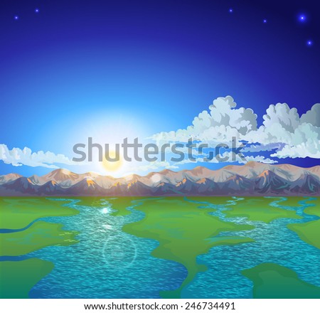 Vector landscape with mountain ranges, rivers, clouds, stars and the setting sun shining.