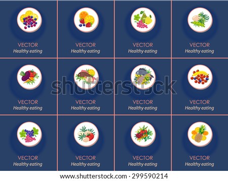 Set of  icons of diet food: fruits, vegetables, fish, greens.