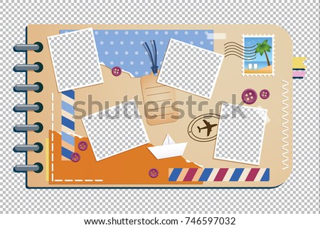 Scrapbooking album with travel elements. Paper objects for your travel and vacation layouts