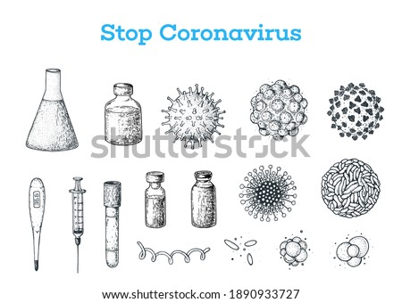 Coronavirus vaccine vector set. Corona virus. Coronavirus 2019-nCoV. Illustrations with syringe injection tools, vaccine bottle, and different viruses.  Vintage medical sketches