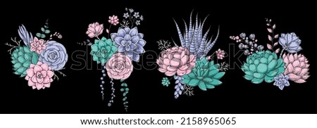 Succulent composition collection. Hand drawn vector illustration. Floral sketch. Tattoo print. Illustration for t-shirt print, fabric,greeting cards, wedding invites and other uses.
