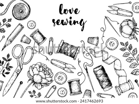 Sewing retro set. Vector hand drawn. Collection of hand drawn sewing tools. Engraved style. Sketch collection.