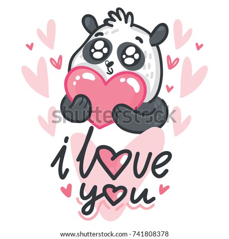 cute panda character holding heart with googly eyes on romantic pink