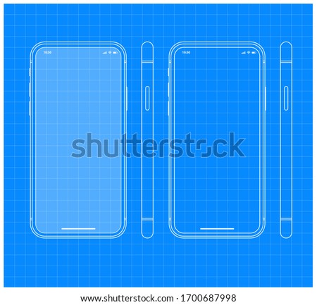 Blueprint Mobile Phone Outline Vector Template Mockup on Blue Background for Designing the Mobile App UI Grid System similar to iPhone Samsung Google Huawei Smartphone
