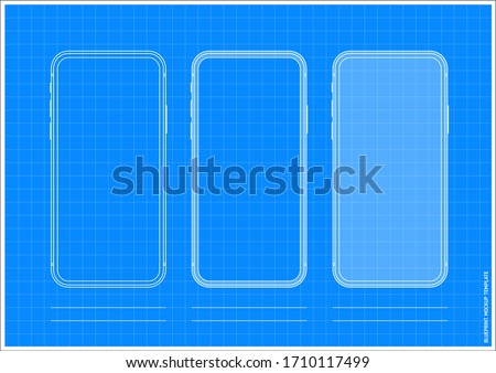 Mobile Phone App UI Wireframe Grid A4 Template Blueprint on Blue Background Display Mockup similar to iPhone Samsung Google Huawei Smartphone