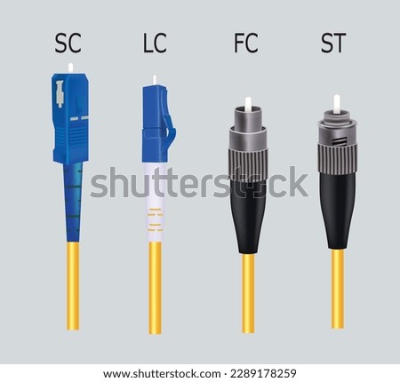 Fiber optic cable with SC, LC, FC and ST connector. vector