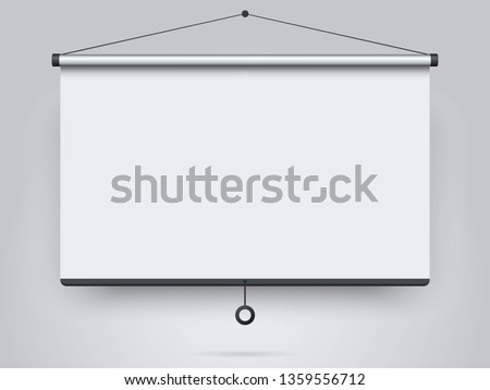 Empty projection screen on the wall background. Mock up template for your design. Concept of presentation board, advertising, blank whiteboard for conference and projects. Vector illustration