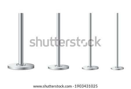 Set of metal poles with different diameters. Realistic detailed 3d metal columns. Steel pipes. Template design for urban advertising banners, billboard, streetlight. Vector illustration