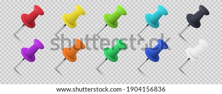 Set of colorful pin tacks with shadow isolated on transparent background. Plastic paperwork and sewing accessories. 3d style design. Realistic office thumbtacks at an angle. Vector illustration