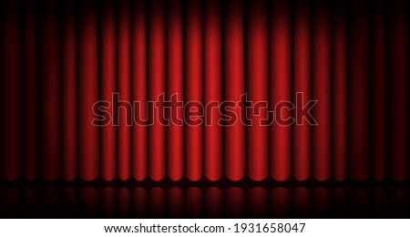 Closed red curtain stage background. Spotlight beam illuminated. Theatrical drapes. Template design for cinema, concert, ceremony, show, theater performance. Velvet fabric curtain. Vector illustration