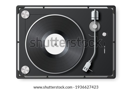 Realistic vinyl record player. 3d detailed vintage turntable with vinyl record. Retro gramophone LP record. Top view. Sound equipment. Concept for sound, entertainment. Vector illustration