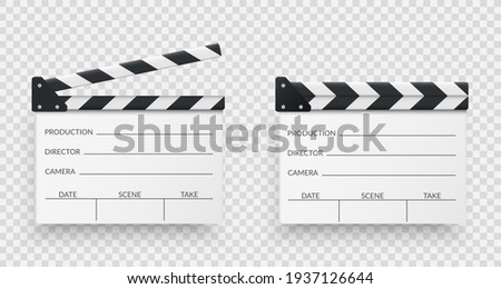Set of white realistic movie clappers board. Clapboards open and closed. Movie, cinema, film symbol concept. Director clapboard. Filmmaking, video production industry equipment. Vector illustration