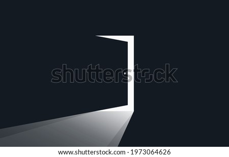 Open door with light in dark room. Light coming in through an open door. Abstract concept for business, new opportunities coming out, exit, hope, possibilities. Vector illustration