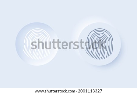 Fingerprint round button on and off in modern neumorphic trend style. UI, UX set for mobile app. Lock, unlock button. Biometric authorization concept. Graphic elements in skeuomorphic design. Vector