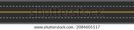 Seamless four-lane traffic road marking with dashed white and two solid yellow lines. Horizontal straight asphalt road. Top view. Template design for educational websites, infographic. Vector