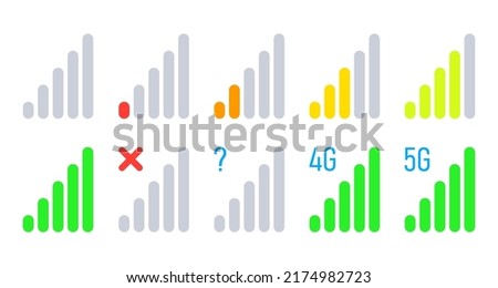Colorful mobile signal strength indicator icon set. Signal from low to high, no signal, 4g, 5g network connection symbols. Communication level sign. Template for ui or ux design. Vector illustration
