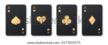 Four black aces playing card suits set. Golden hearts, spades, diamonds, clubs cards sign. A winning poker hand. Poker, gambling concept. Template for casino, web design. Vector illustration